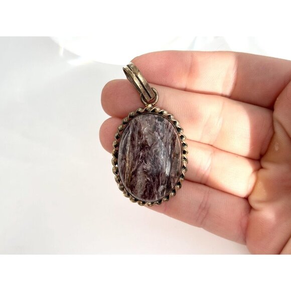 Dark Charoite Gemstone Rope Framed Bezel Set Sterling Silver 925 Vintage Pendant - Picture 5 of 10